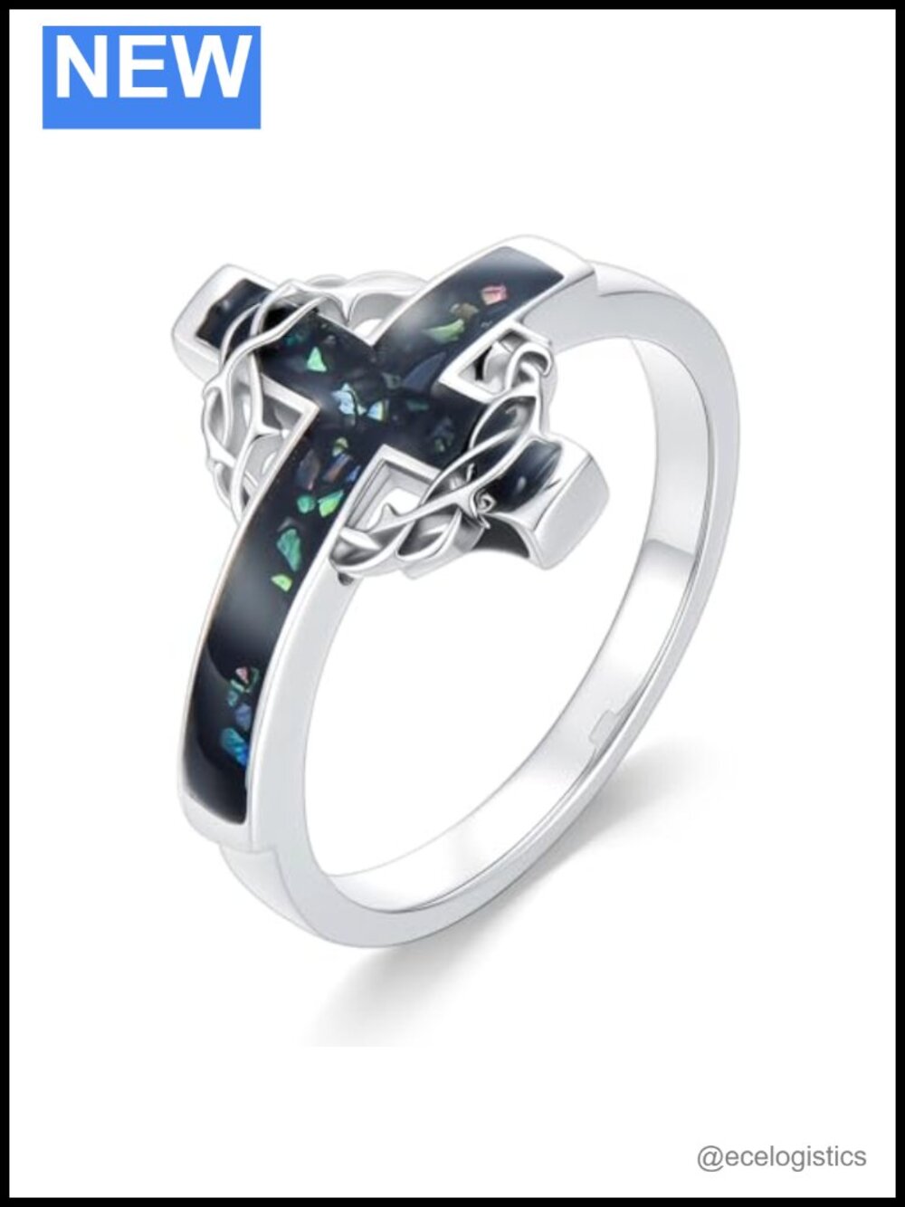 925 Sterling Silver Crown of Thorns Cross Ring Abalone Statement Ring